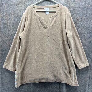 Soft Surroundings Sweater Women 1X Beige Sherpa Fleece Split Neck Pullover